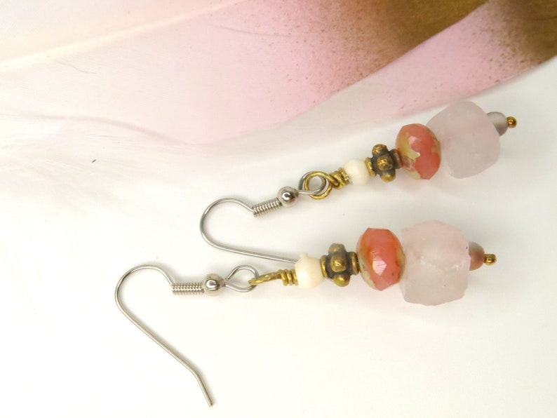 Recycled Chunky Glass Dangle Drop Earrings Hippie Pink Earrings Bohemian Pink Chunky Glass Dangle Summer Style Pink Earring Ear 225 image 2