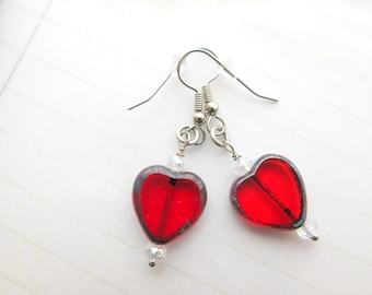 Red Heart Earring - Red Crystal Earring - Czech Picasso  Earring - Gift for her- Valentines Heart Earring - Girlfriend gift - Christmas Gift