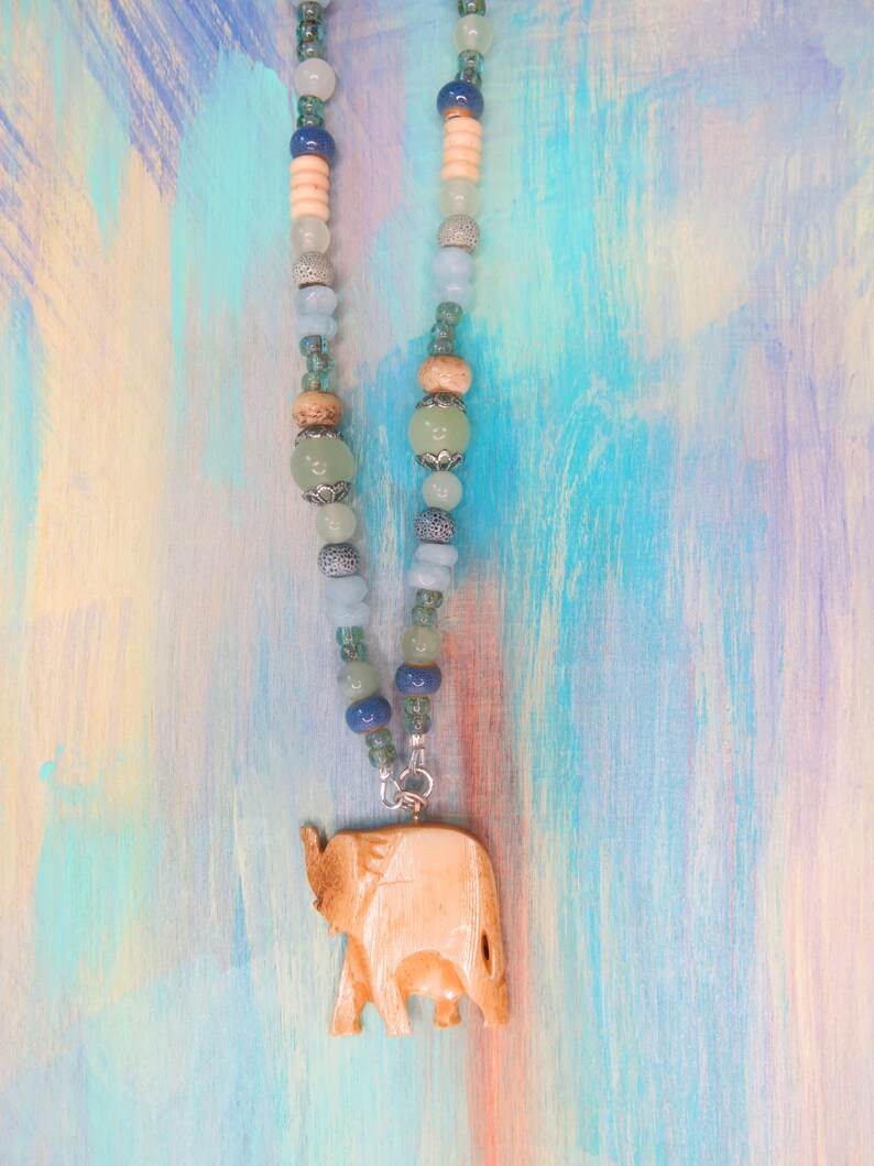 Elephant Boho Necklace Lucky Elephant Necklace Hippie Long Statement Necklace Beaded Gemstone Pendant Necklace Animal Charm Ganesha image 5