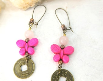 Hot Pink Butterfly Dangle Drop Earrings - Boho Butterfly Earrings - Howlite Rose Quartz Butterfly Earrings for Her - Christmas Gift Earring