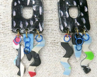 Vibrant Long Black Multicolored Dangle Drop - LGBTQ Organic shaped earring - Boho Earring - Hippie Earring - Festival Earring - OOAK-110