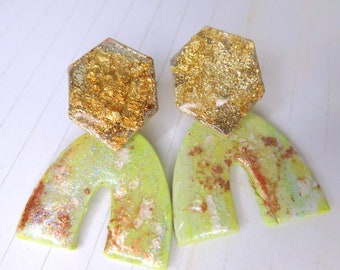 Glitter Gold Green Arch Fancy Earring -Fancy Arch Polymer Clay - Sparkle Green and Gold Earring - Spring-211