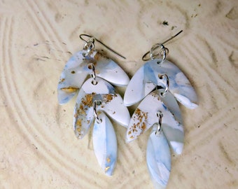 Bohemian Long Dangle Drop - MidCentury Bommeriang Earring - Boomerang Style Dangle Earring - White, Slate Blue, Gold and White - Winter 238