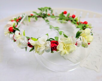 Red Roses and Gardenia Holiday Hair Wreath - Winter Hair Wreath - Red, Cream, Green, Berry Head Wreath - Flower Crown -  WedAcc -155