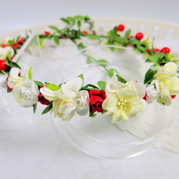 Red Roses and Gardenia Holiday Hair Wreath - Winter Hair Wreath - Red, Cream, Green, Berry Head Wreath - Flower Crown -  WedAcc -155