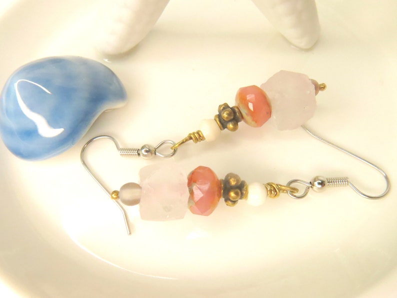 Recycled Chunky Glass Dangle Drop Earrings Hippie Pink Earrings Bohemian Pink Chunky Glass Dangle Summer Style Pink Earring Ear 225 image 7