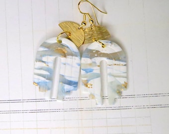 Watercolor Blues and Gold Dangle Drop Earring - Dangle Polymer Clay Earring - Watercolor Marbled Earring -  Soothing Color Earring - EAR-249