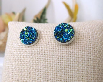 Faux Mermaid Druzy Stud Earrings - Druzy Stud Earring - Petite Colorful Studs - Blue and Green Earring - EAR-234