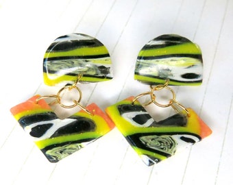 Modern Dangle Drop - Tie dye Polymer Clay Earring - Resin Coated Multicolor Earring - Lightweight Earring - Multicolor Earring - Fall -211