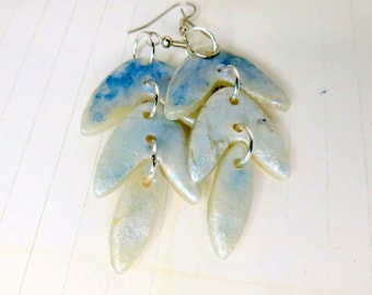 Translucent Dangle Drop Boomerang Three Tier Blue Polymer Clay and Resin Earrings - Modern Chic Iridescent -  Gift for Aunt - winter-238