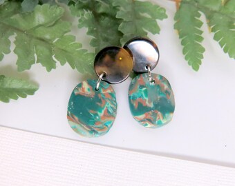 Green Marbled Faux Tortoise Shell Acrylic Ear Piece -  Small Dangle - Boho Earring - Polymer Clay Earring - Green Earring - Ear-263