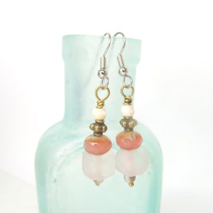 Recycled Chunky Glass Dangle Drop Earrings Hippie Pink Earrings Bohemian Pink Chunky Glass Dangle Summer Style Pink Earring Ear 225 image 5