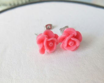 Pink Resin Rose Earring Studs - Pink Rose Earrings - Simple Hypoallergenic Earrings - Rose Stud Earrings - Summer Color Earrings - Ear- 232