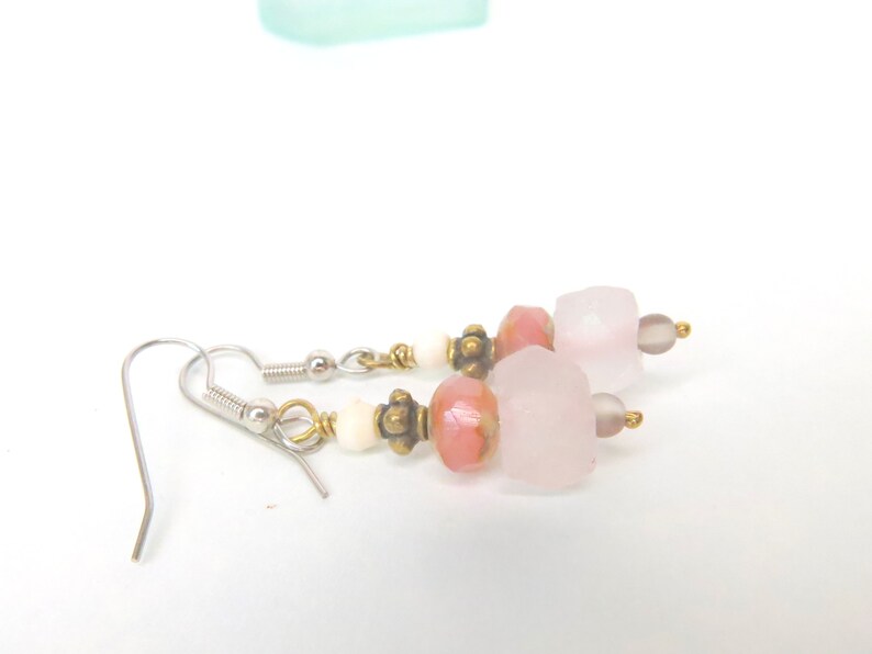 Recycled Chunky Glass Dangle Drop Earrings Hippie Pink Earrings Bohemian Pink Chunky Glass Dangle Summer Style Pink Earring Ear 225 image 6