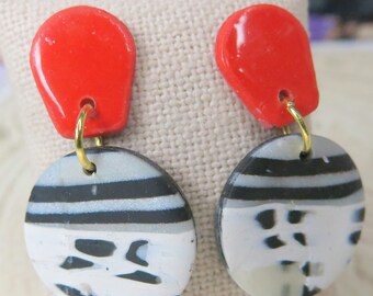 Handmade  Black, White, Red earrings - Statement earrings - Retro earring - Bold Earring - Minimalist Earring-  Modern Earring -  spr-236