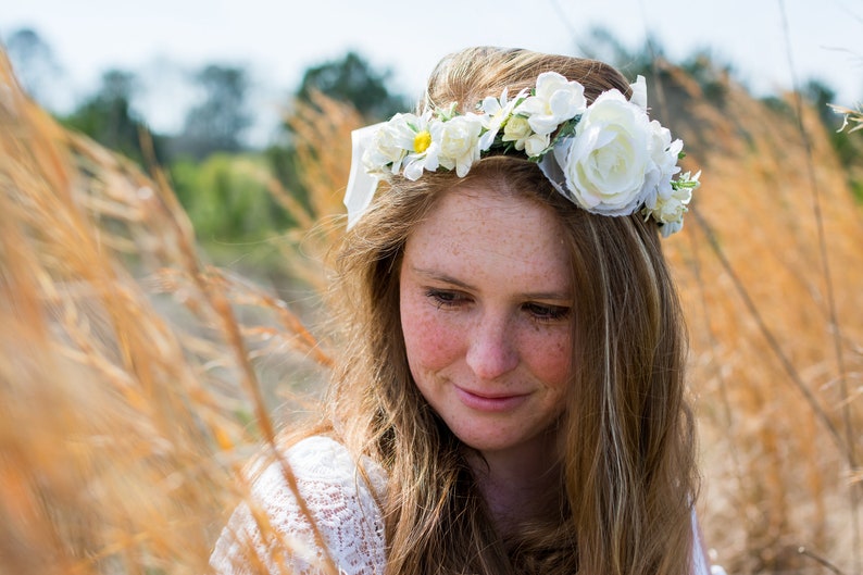 Large Peony Crown Cream Cream Bridal Halo Ivory and White Flower Crown Natural Halo Crown Rustic Wedding Crown WedAcc -135