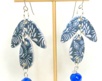 Navy Blue and Silvery White Modern Dangle Earring - Blue and White Bohemian Earring - Long Modern Earring - Boomerang Shape Earring -Ear-247