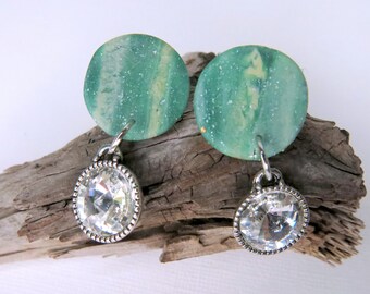 Varigated Greens with Swarovski Rivolis dangle - Modern Earring - Sparkly Earring - Polymer Clay Stud with Dangle -  Small Dangle - OOAK-111