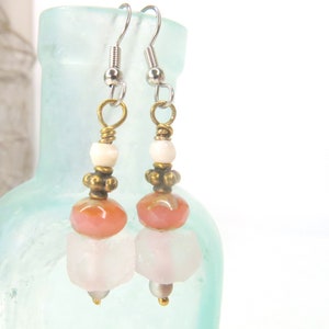 Recycled Chunky Glass Dangle Drop Earrings Hippie Pink Earrings Bohemian Pink Chunky Glass Dangle Summer Style Pink Earring Ear 225 image 4