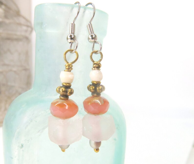 Recycled Chunky Glass Dangle Drop Earrings Hippie Pink Earrings Bohemian Pink Chunky Glass Dangle Summer Style Pink Earring Ear 225 image 4