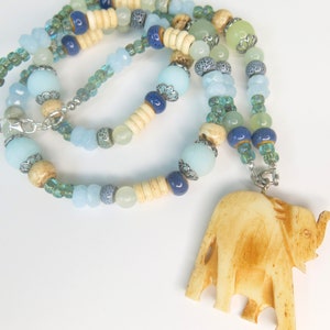 Elephant Boho Necklace Lucky Elephant Necklace Hippie Long Statement Necklace Beaded Gemstone Pendant Necklace Animal Charm Ganesha image 1