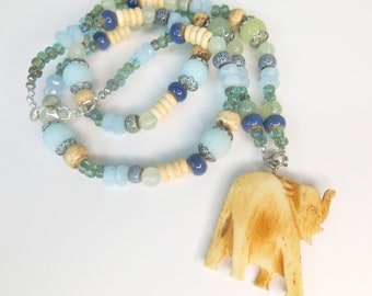 Elephant Boho Necklace - Lucky Elephant Necklace - Hippie Long Statement Necklace - Beaded Gemstone Pendant Necklace - Animal Charm Ganesha