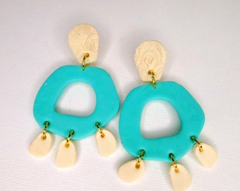 Modern Fiji Turquoise with Light Yellow Geometric Earring - Large Modern Dangle - Colorful Dangle - Color Block Dangle - Drop - EAR-261