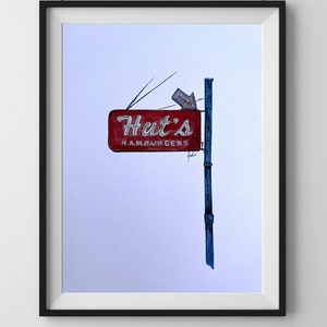 Stampa artistica originale di Hat's Hamburgers, Hut's Hamburgers, insegna di Austin, Lost Austin, ATX, ristorante di Austin, Texas, Old Austin, hamburger