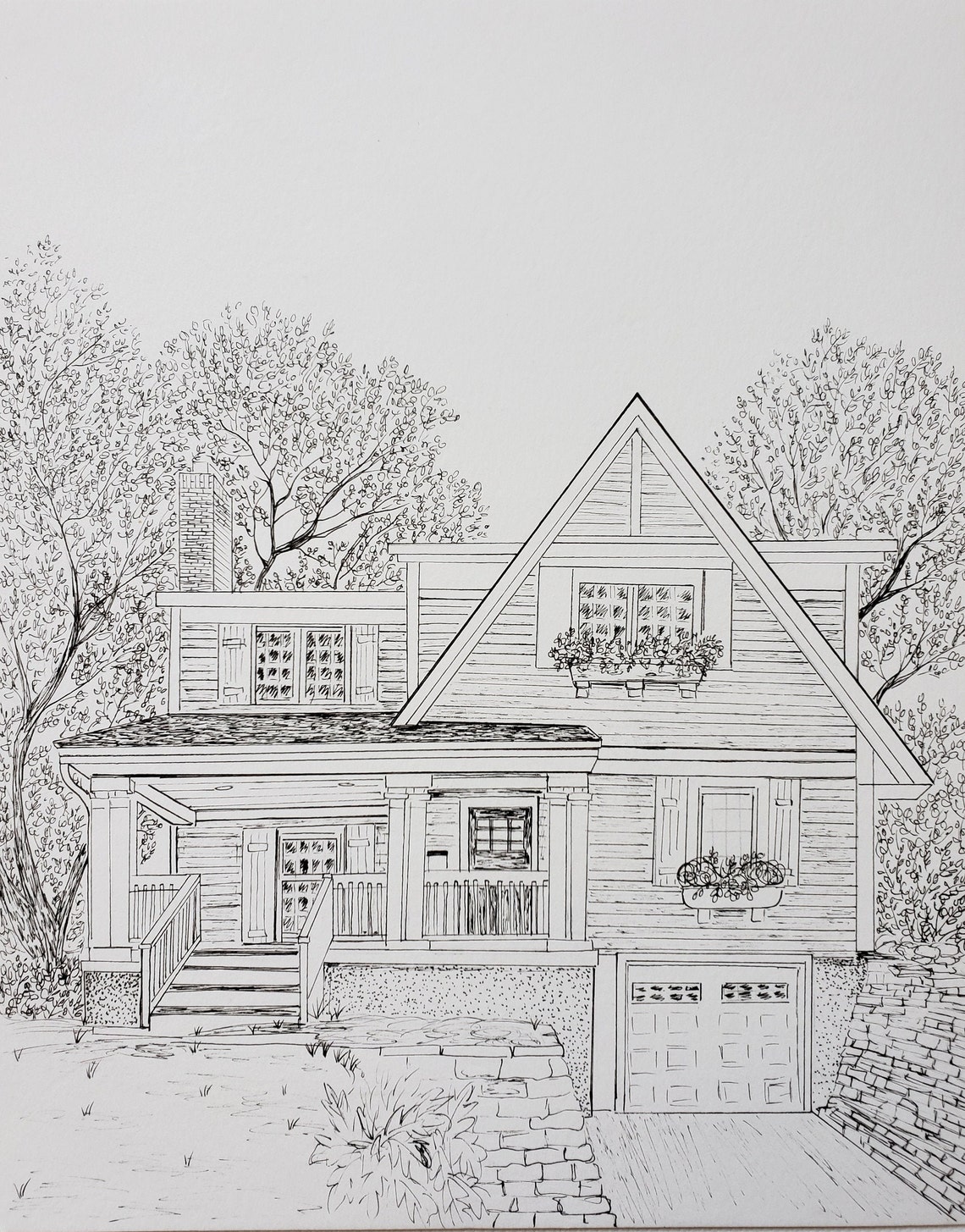 Custom Ink Vacation Drawing Black and White Drawing House | Etsy