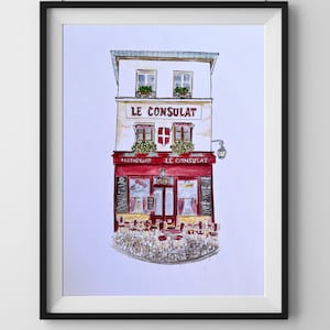 Le Consulat Paris Stampa artistica originale, Stampa artistica di Parigi, Parigi, Paesaggio urbano di Montmartre, Punto di riferimento di Parigi, Caffè, Ristorante, Città vecchia, Rosso,