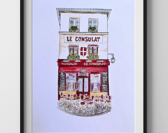 Le Consulat Paris Original Art Print, Paris Art Print, Paris, Montmartre Streetscape, Paris landmark, Café, Restaurant, Old City, Red,