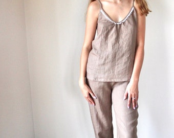 Long pants and camisole linen pajamas set