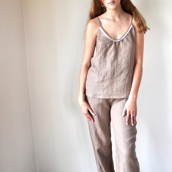 Long pants and camisole linen pajamas set