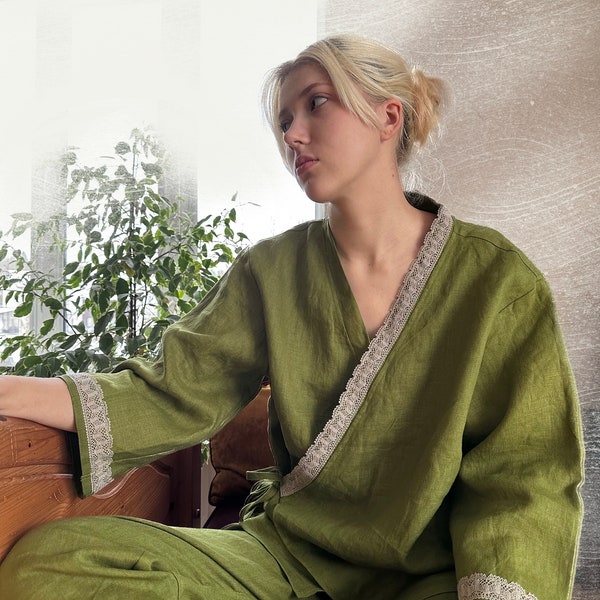 Ensemble pyjama kimono en lin