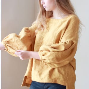 Linen blouse, Oversized 3/4 puffy sleeves image 1