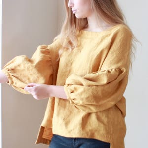 Linen blouse, Oversized 3/4 puffy sleeves