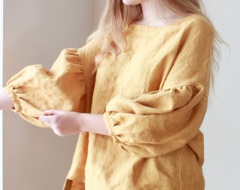 Linen blouse, Oversized 3/4 puffy sleeves