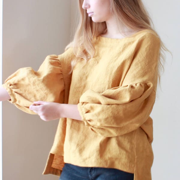 Blouse en lin, Manches 3/4 bouffantes oversize