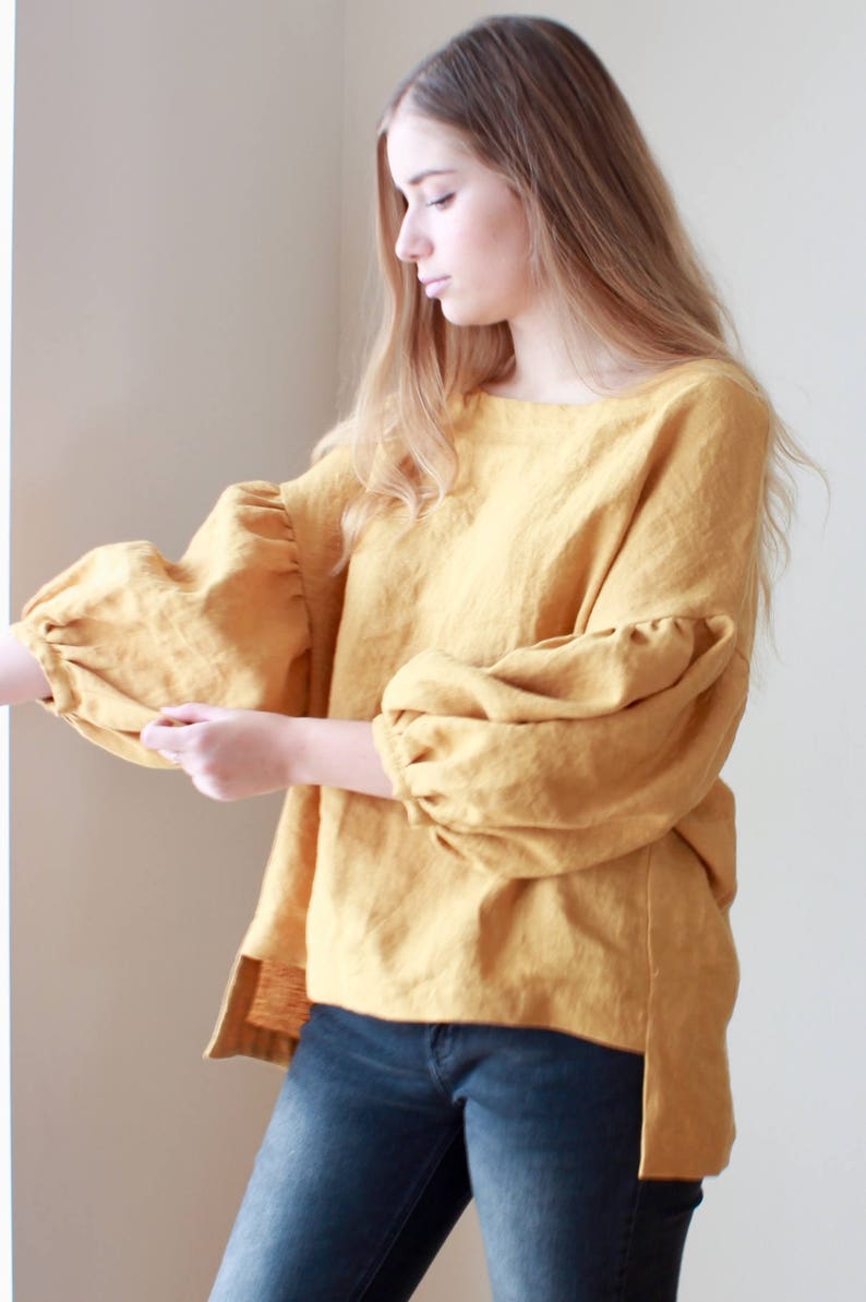 Linen blouse, Oversized 3/4 puffy sleeves image 1