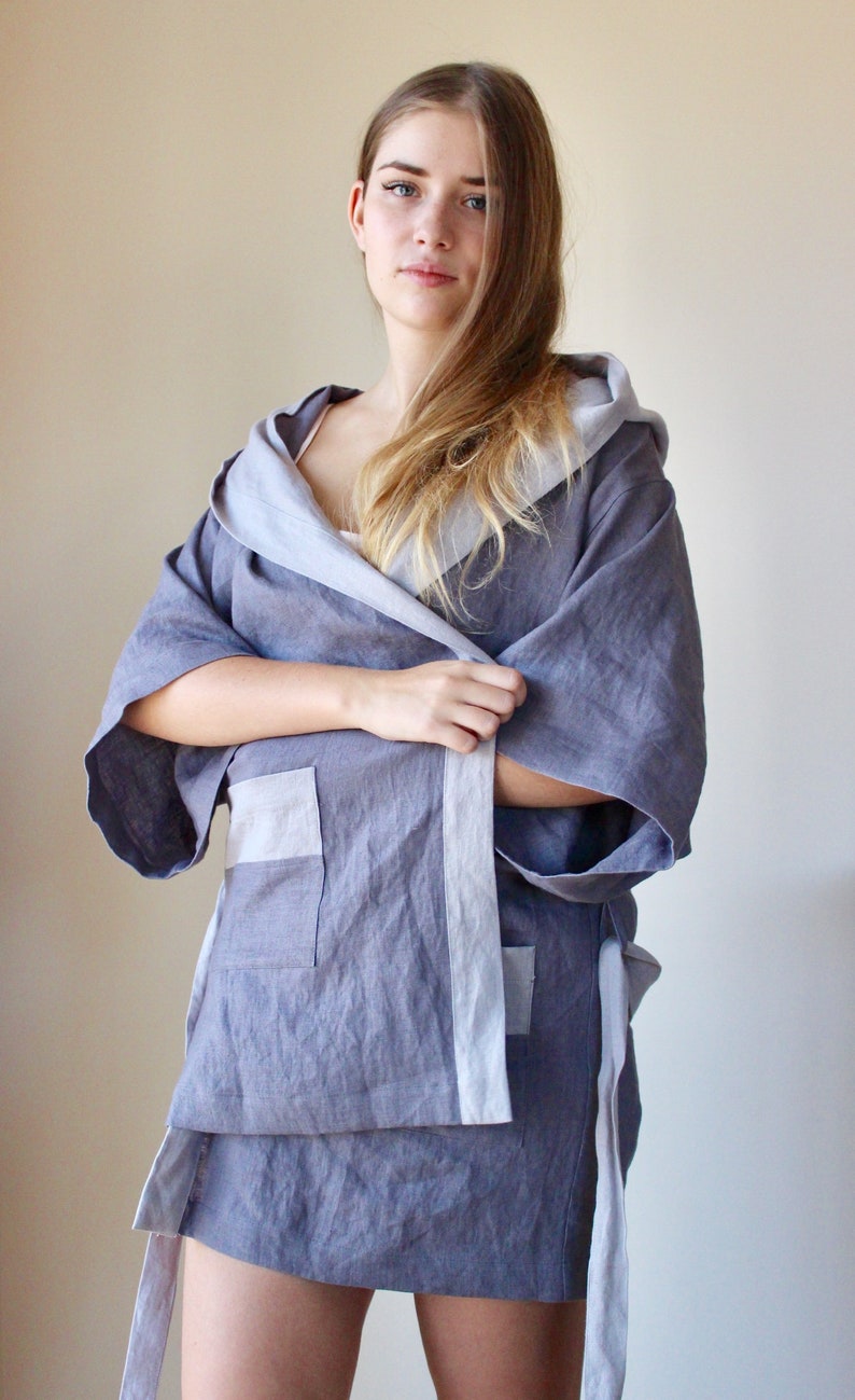 Softened Linen Womens Hooded Dressing Gown Short Length Housecoat Linen Bathrobe Kimono Robe