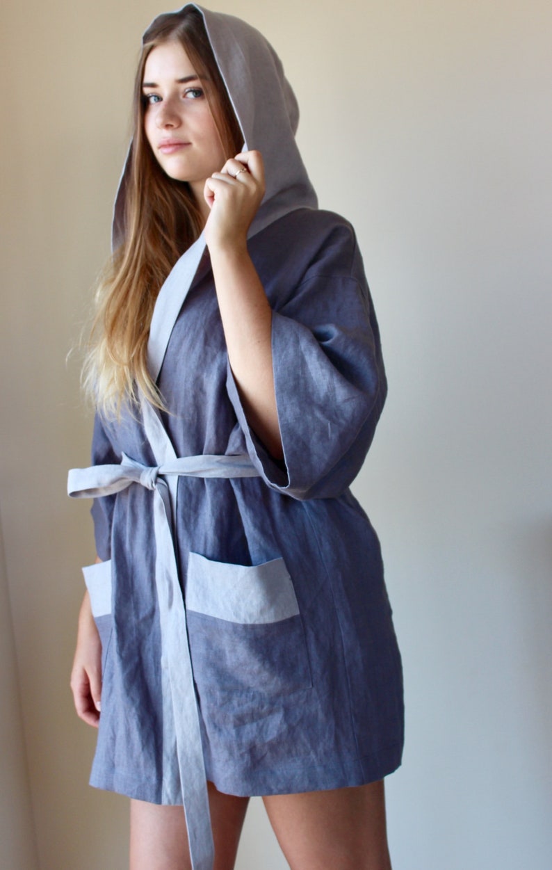 Softened Linen Womens Hooded Dressing Gown Short Length Housecoat Linen Bathrobe Kimono Robe