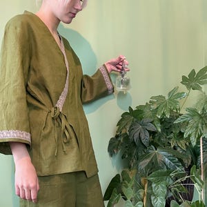 Linen Kimono Pajama Set for Women, Soft 2 Piece Luxury Loungewear