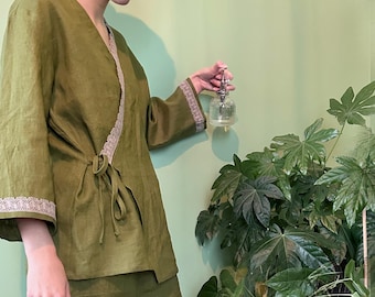 Linen Kimono Pajama Set for Women, Soft 2 Piece Luxury Loungewear