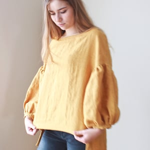 Linen blouse, Oversized 3/4 puffy sleeves image 3