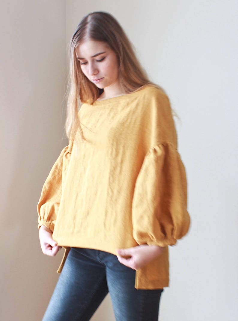 Linen blouse, Oversized 3/4 puffy sleeves image 3