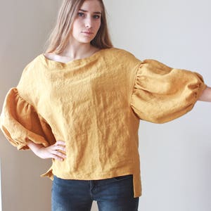 Linen blouse, Oversized 3/4 puffy sleeves image 2