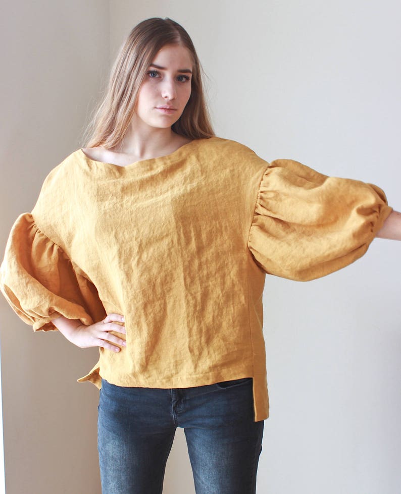 Linen blouse, Oversized 3/4 puffy sleeves image 2