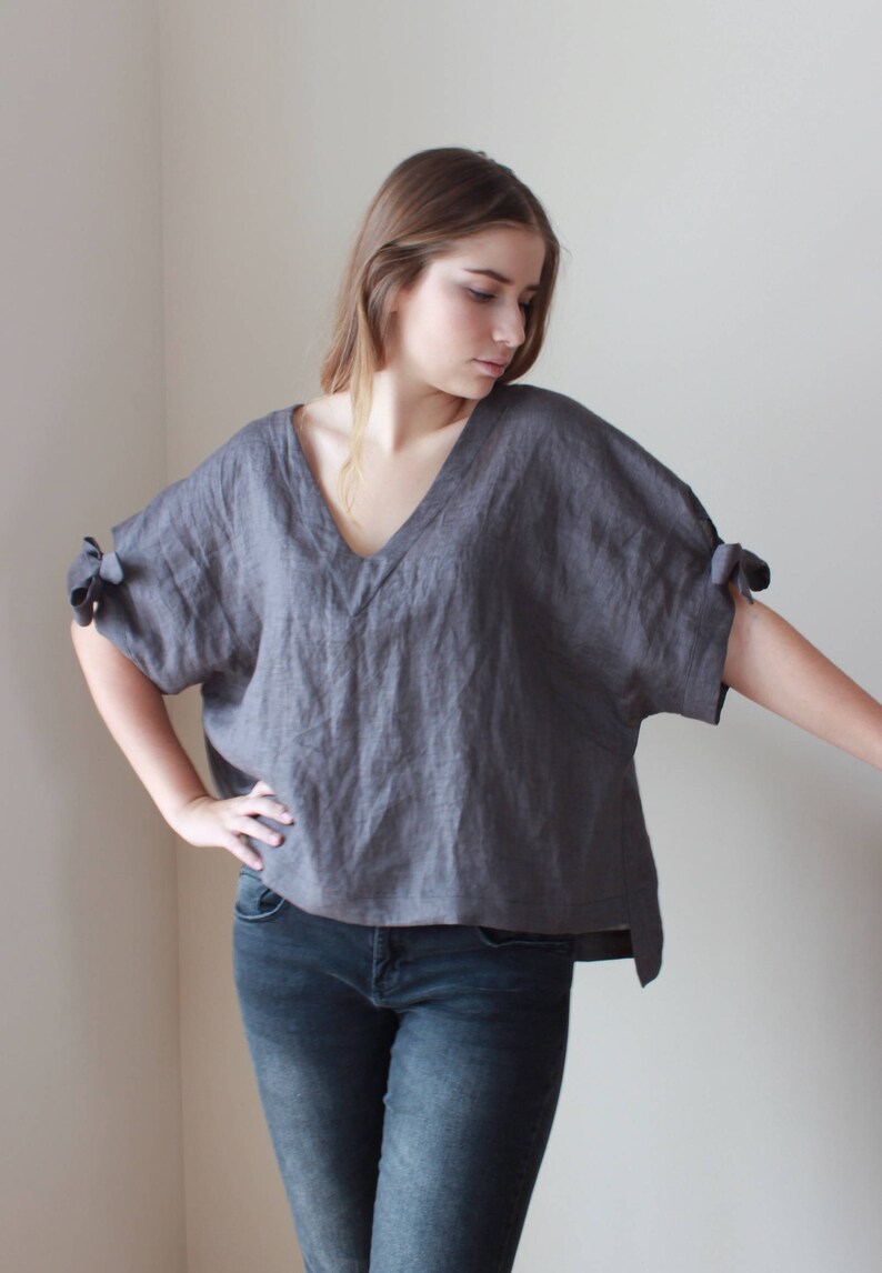 Linen Loose Bow Sleeves Top Etsy UK