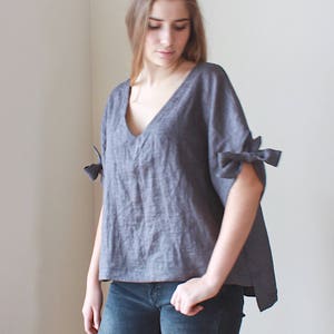 Linen loose bow sleeves top
