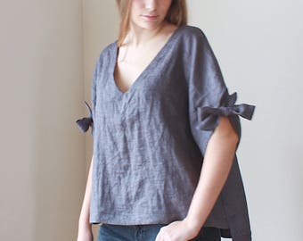 Linen loose bow sleeves top